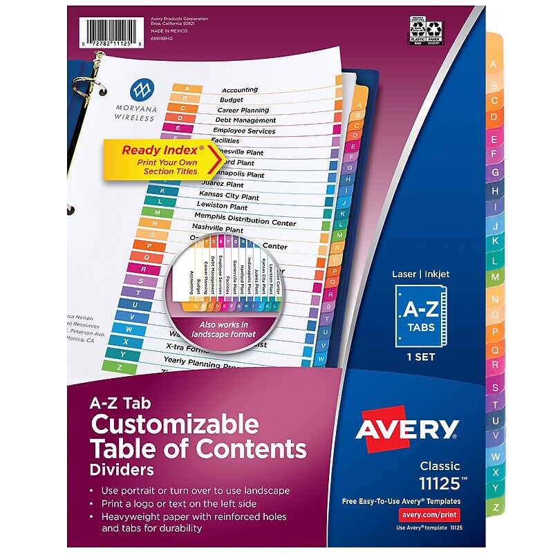 Avery Ready Index Table of Contents Pre-Printed Paper Dividers, A-Z Tabs, Multicolor, 1 Set (11125) image 1