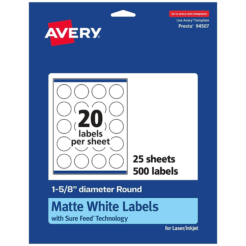 Avery Laser/Inkjet Round Multipurpose Labels, 1.625"  Dia, Matte White, 500/Pack (94507) image 1