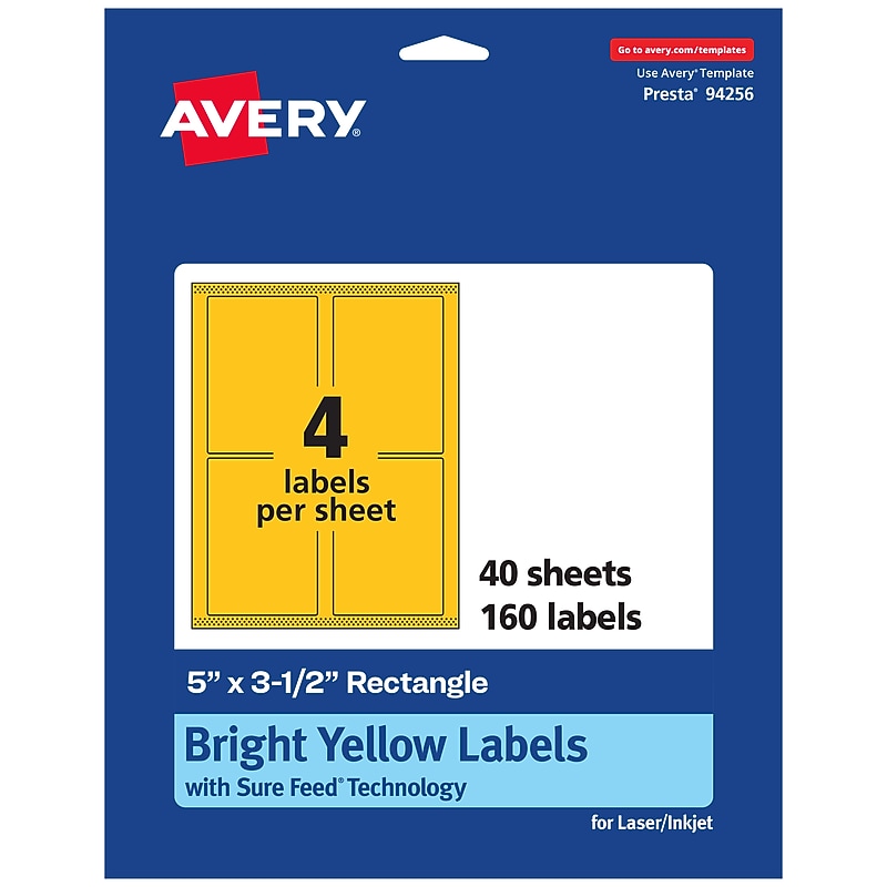 Avery Laser/Inkjet Rectangle Multipurpose Labels, 5" x 3.5", Bright Yellow, 160/Pack (94256) image 1