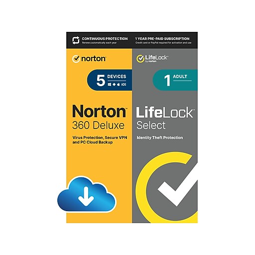 Norton 360 Deluxe with LifeLock Select for 5 Devices, Windows/macOS