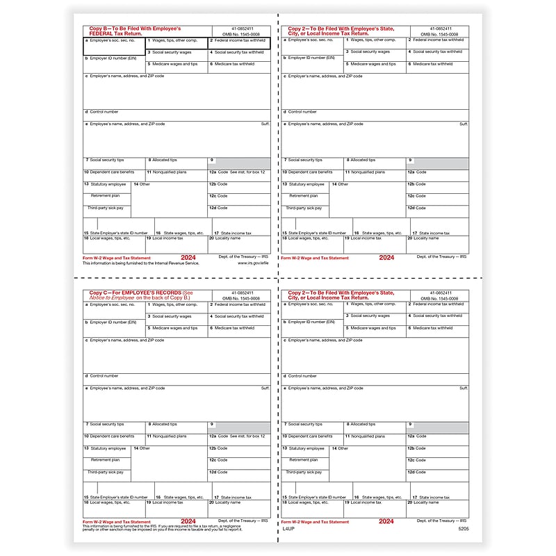 ComplyRight 2024 W-2 Tax Form, 1-Part, 4-Up, Copy B, C, 2, 500/Pack (5205B) image 1
