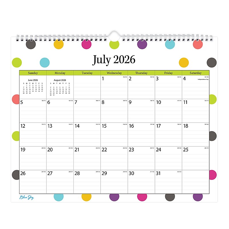 2026-2027 Blue Sky Wirebound Dots 12" x 15" Academic Monthly Wall Calendar, Assorted Colors (100340-A27) image 1