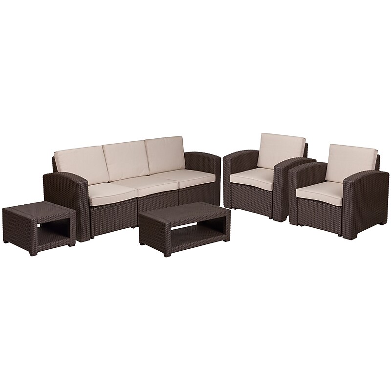 Flash Furniture Seneca Faux Rattan Chair, Sofa and Table Set, Chocolate Brown, 5/Set (DADSF113RSCBN) image 1
