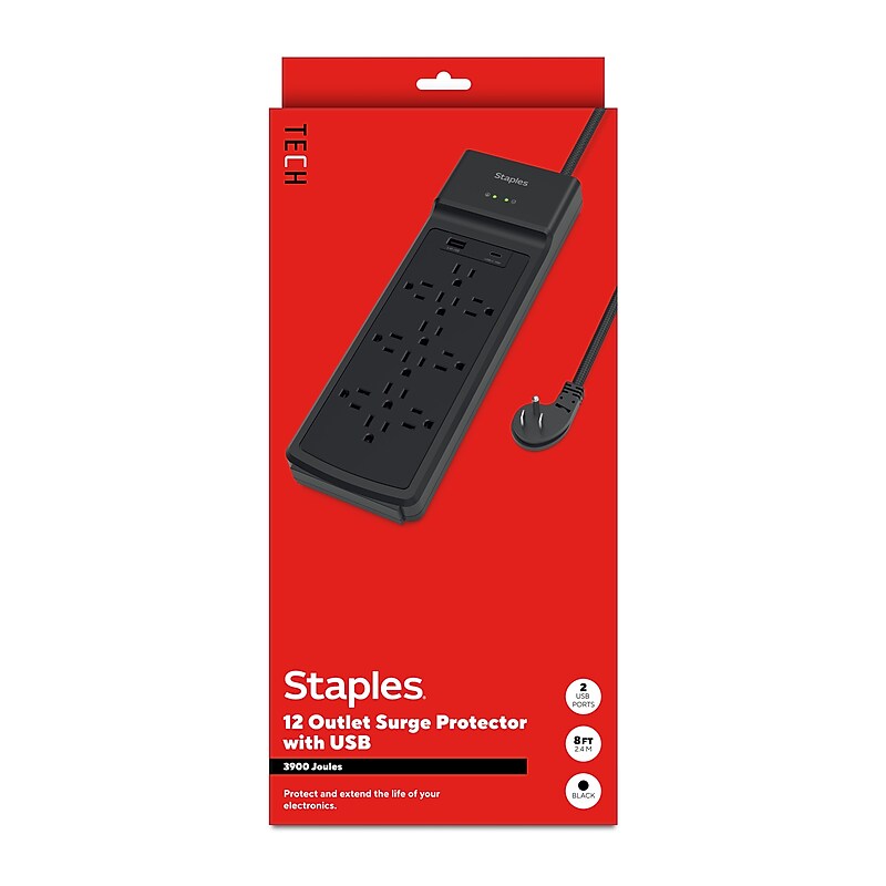 Staples TECH 12-Outlet 2-USB Port Surge Protector, 8', 3900 Joules, Black (ST62774) image 1