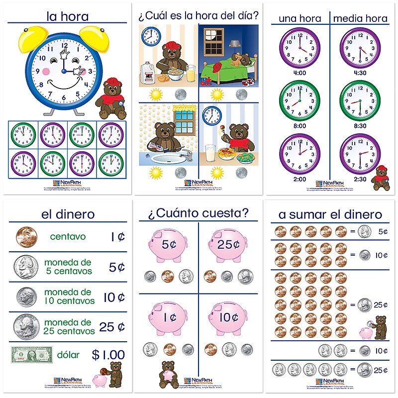 NewPath Learning Time & Money Wall Charts, Spanish Edition, 6/Set (NP-930325) image 1
