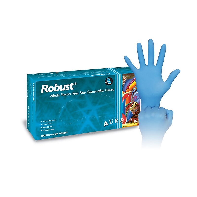 Aurelia Robust Powder Free Nitrile Food Safe Exam Gloves, Latex Free, Large, True Blue, 100 Gloves/Box, 10 Boxes/Case (93898) image 1