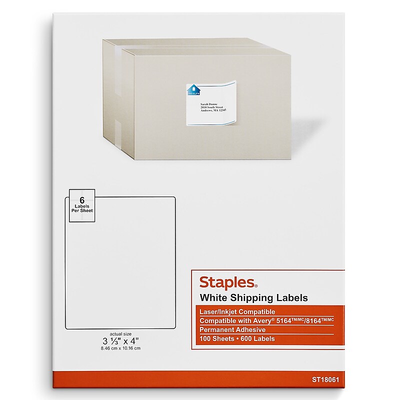 Staples Laser/Inkjet Shipping Labels, 3-1/3" x 4", White, 6 Labels/Sheet, 100 Sheets/Pack (ST18061-CC) image 1