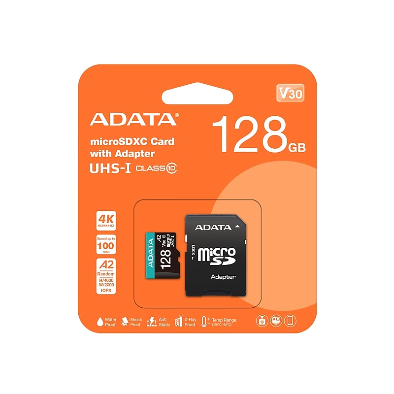 A-data Premier Pro 128GB microSDHC Memory Card with Adapter, Class 10, UHS-I, V30 (AUSDX128GUI3V30SA2-R) image 1