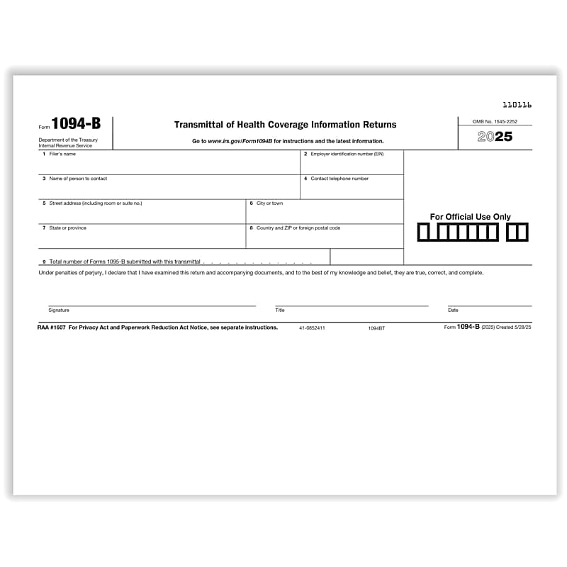 ComplyRight 2025 1094-B Tax Form, 1-Part, White/Black, 50/Pack (1094BT50) image 1