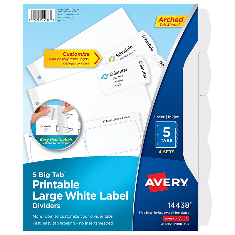 Avery Big Tab Printable Paper Dividers with Large White Labels, 5 Tabs, White, 4 Sets/Pack (14438) image 1