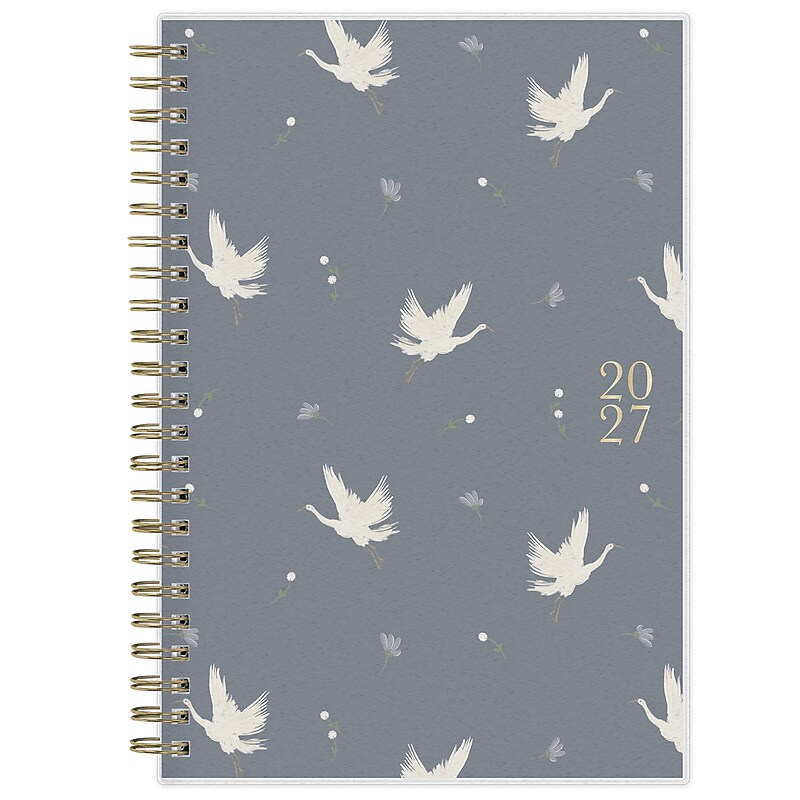 2027 Blue Sky Bespoke Letterpress Cranes and Flowers 5" x 8" Calendar Year Weekly & Monthly Standard Planner, Plastic Cover image 1