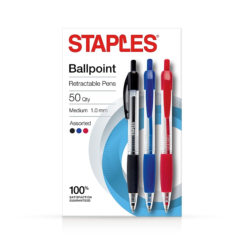 Staples Ballpoint Retractable Pens, Medium Point, Assorted Ink, 50/Pack (50371) image 1