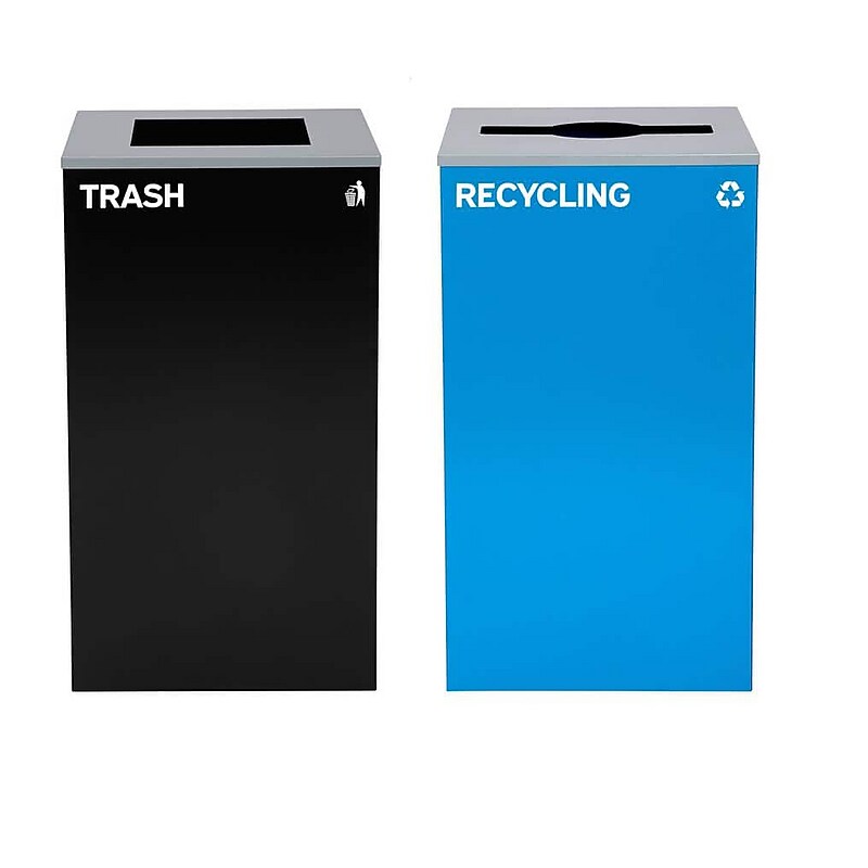 Alpine Industries Steel Recycling and Trash Can Set with Square and Mixed Lid, 29 Gallon, Black/Blue, 2/Pack (ALP4450-BLK-KIT4) image 1