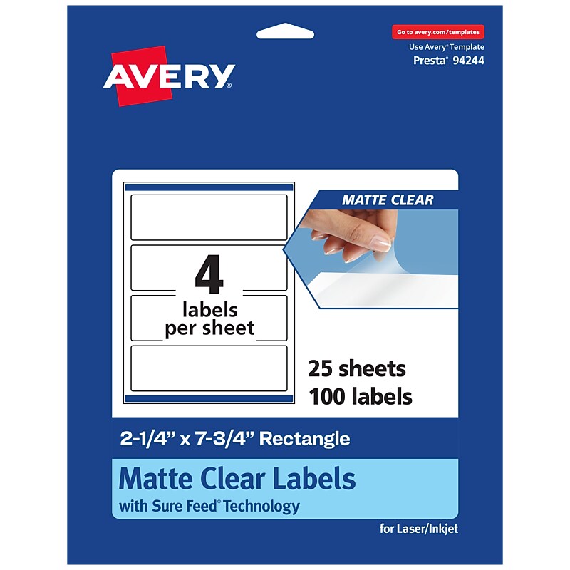 Avery Laser/Inkjet Rectangle Multipurpose Labels, 2-1/4" x 7-3/4", Clear, 100/Pack (94244) image 1