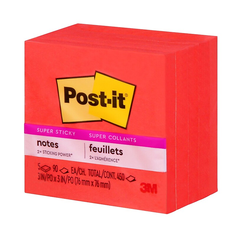 Post-it Super Sticky Notes, 3" x 3", Saffron, 90 Sheet/Pad, 5 Pads/Pack (654-5SSRR) image 1