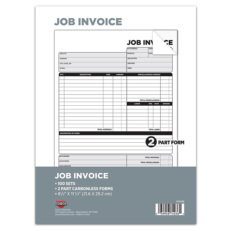 Cosco 2-Part Carbonless Job Invoice, 8.5" x 11.5", 100 Sets/Book (074036PK5) image 1