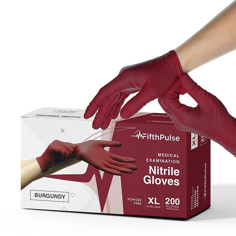 FifthPulse Powder Free Nitrile Gloves, Latex Free, X-Large, Burgundy, 200/Box (FMN100427) image 1