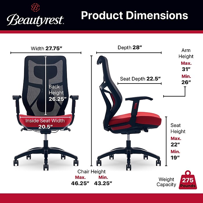 Beautyrest Duo EX Ergonomic Mesh Swivel Computer Chair Red 60051 RED Staples