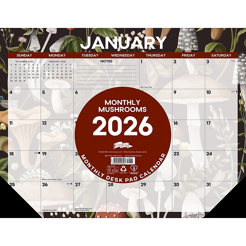2026 Willow Creek Monthly Mushrooms 22" x 17" Monthly Desk Pad Calendar (57247) image 1
