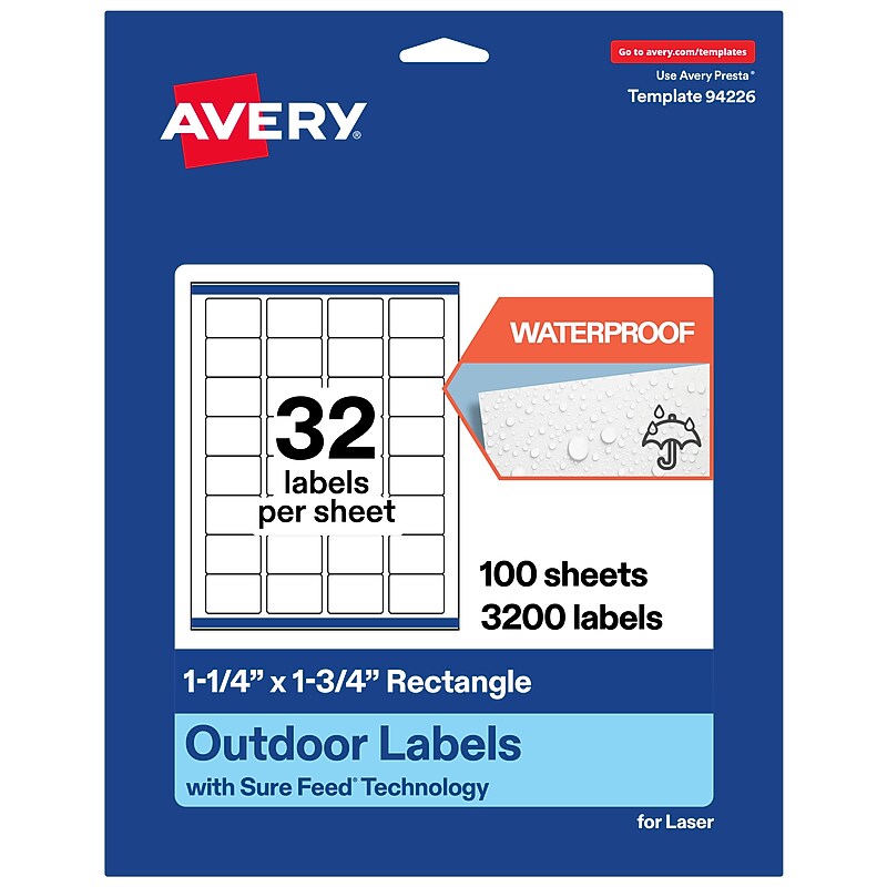 Avery Waterproof Rectangle Laser Multipurpose Labels, 1.25" x 1.75", White, 3200/Box (19479399263) image 1