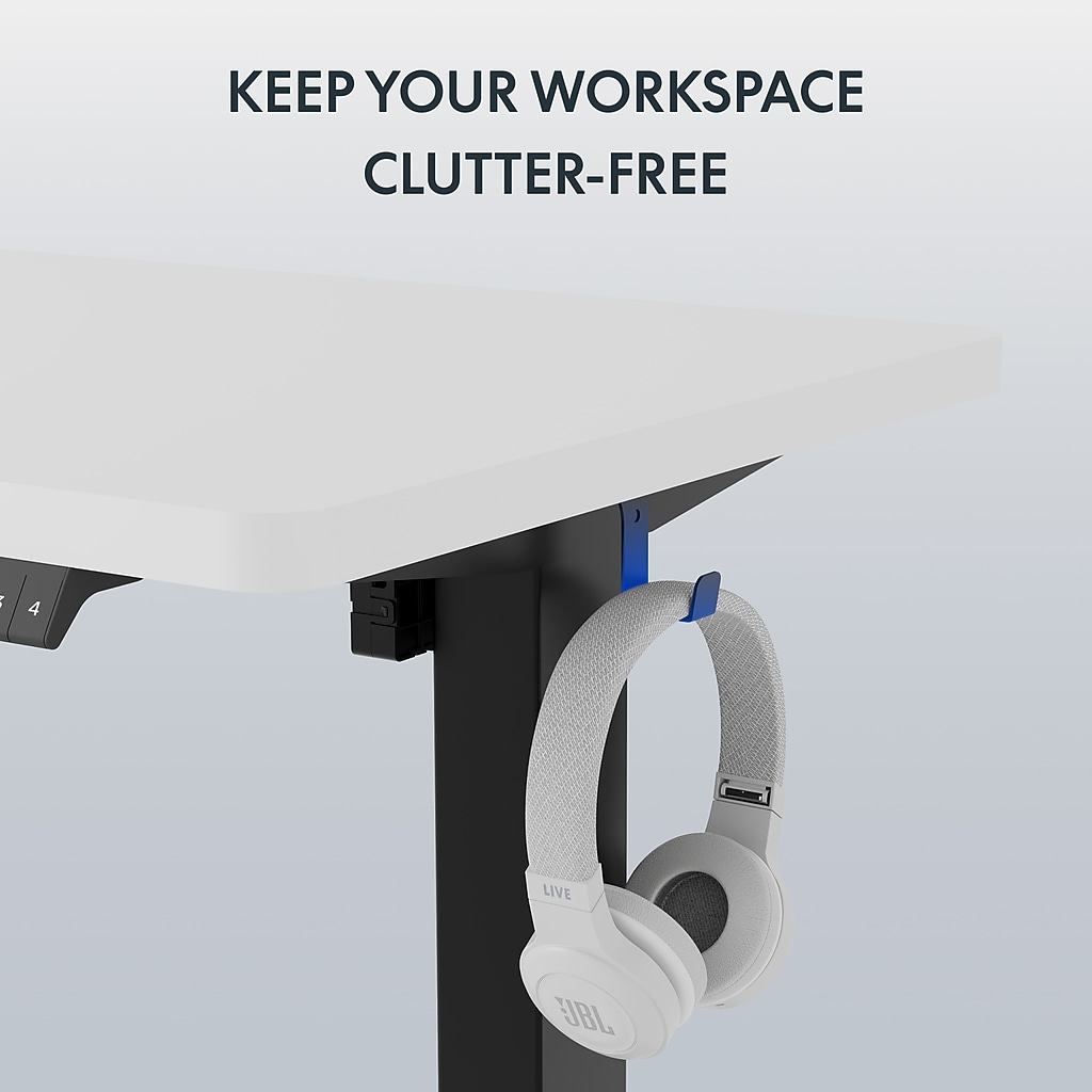 Clutter-free under-desk area with headphone hanger