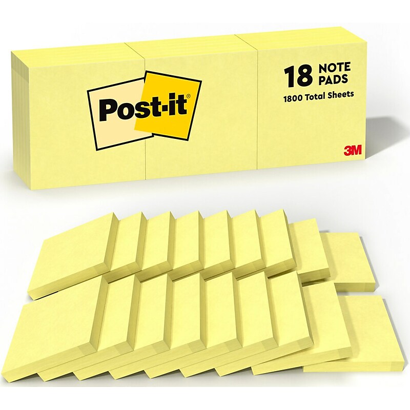 Post-it Notes, 3" x 3", Canary Collection, 100 Sheet/Pad, 18 Pads/Pack (654-14+4YW) image 1