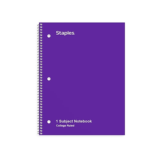 STAPLES 1‑Subject Notebook, 8” x 10.5”, College Ruled, Purple~#|#~E859CE6A-E261-4E10-A6A872C1C3CF2D0A_sc7