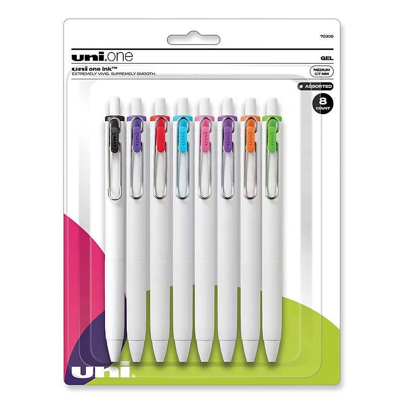 uni-ball uniONE Retractable Gel Pen, Medium Point, 0.7 mm, Assorted Ink, 8/Pack (UBC70309) image 1