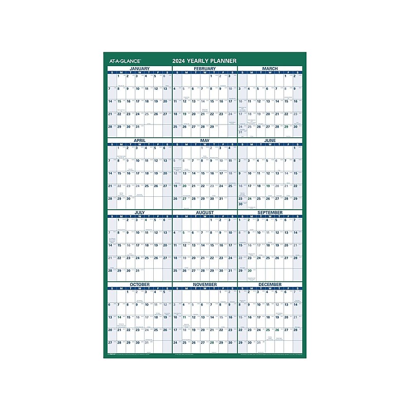 2024 AT-A-GLANCE 24" x 36" Yearly Wet-Erase Wall Calendar, Reversible, Green (PM210-28-24) image 1