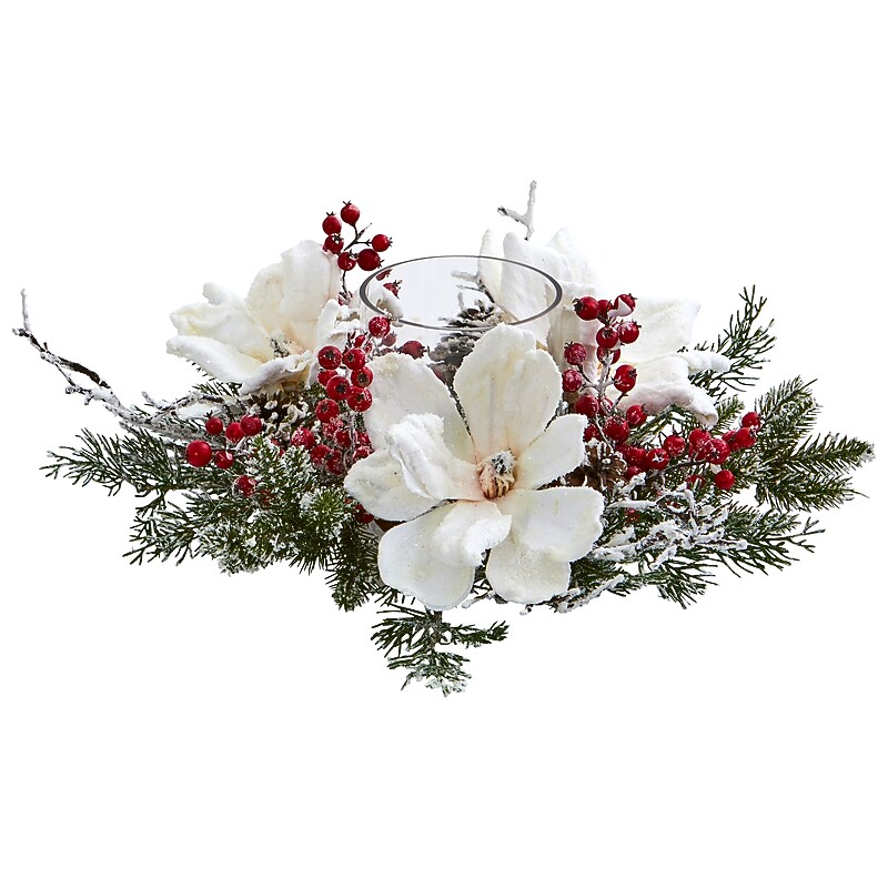 Nearly Natural Artificial Frosted Magnolia & Berry Arrangement Candelabrum (4188) image 1