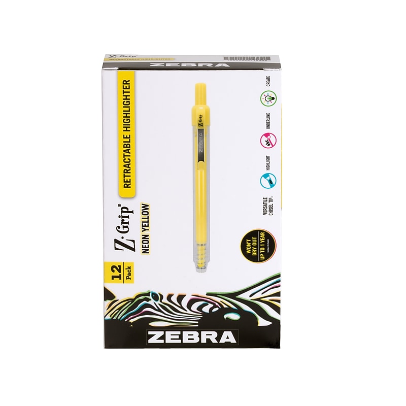 Zebra Z-Grip Retractable Highlighter with Grip, Chisel Tip, Yellow, Dozen (71250) image 1