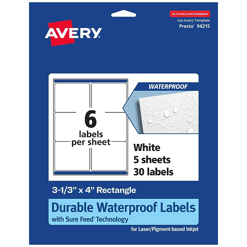 Avery Laser/Inkjet Rectangle Waterproof Multipurpose Labels, 4"  x 3.3333", White, 30/Pack (94215) image 1