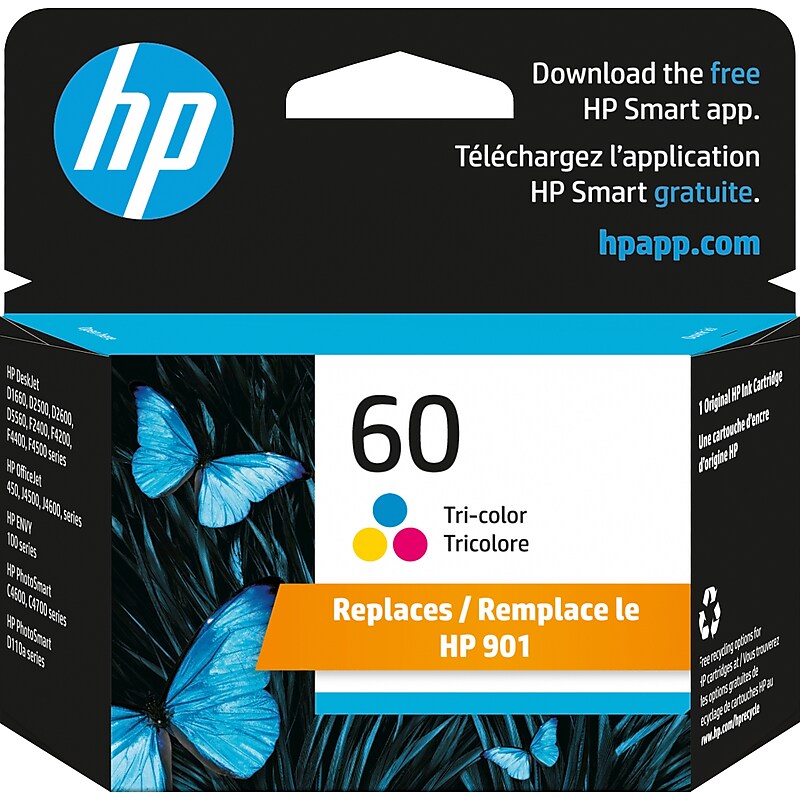 HP 60/901 Tri-Color Ink Cartridge, Prints Up to 165 Pages (CC643WN#140) image 1