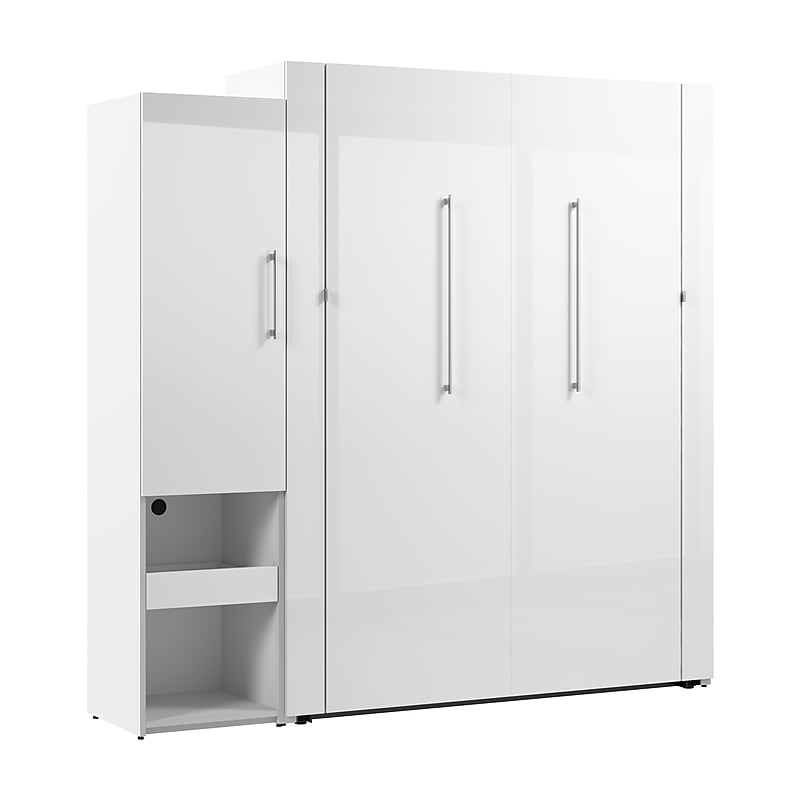 Bestar Avalon Queen Murphy Bed and Storage Cabinet with Pull-Out Shelf (87W) - High-Gloss White image 1
