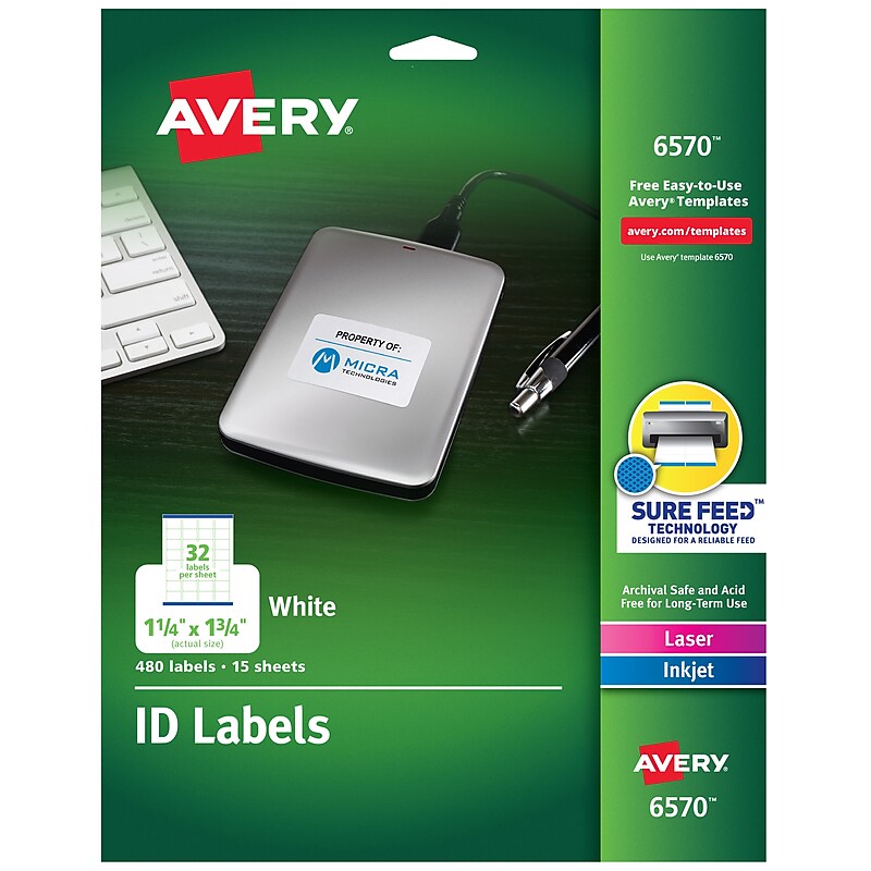 Avery Sure Feed Laser/Inkjet Identification Labels, 1 1/4" x 1 3/4", White, 15 Label Sheets/Pack (6570) image 1