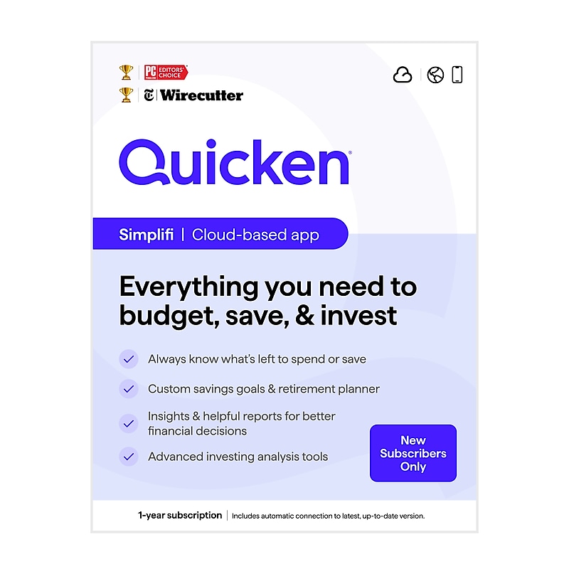 Quicken Simplifi Personal Finance for 1 User, Windows/Android/iOS, Online Access (170518) image 1