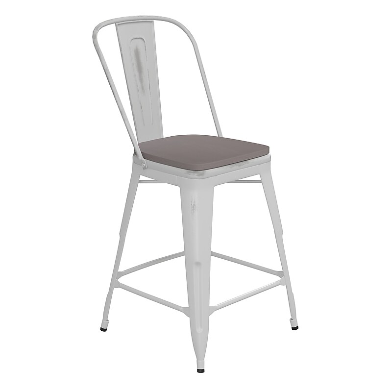Flash Furniture Carly Indoor-Outdoor Counter Height Stool with Back, White with Gray Seat (ET353424WHPL1G) image 1