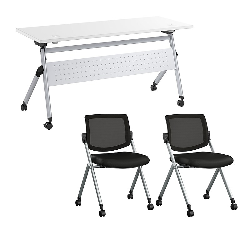 Bush Business Furniture Envision 60"W Foldable Training Room Table with 2 Chairs, White (NVS007WH) image 1