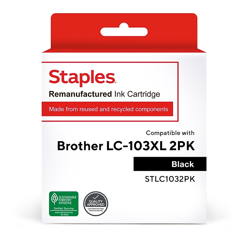 Staples Remanufactured Black High Yield Ink Cartridge Replacement for Brother LC103BK (TRLC1032PK/STLC1032PK), 2/Pack image 1