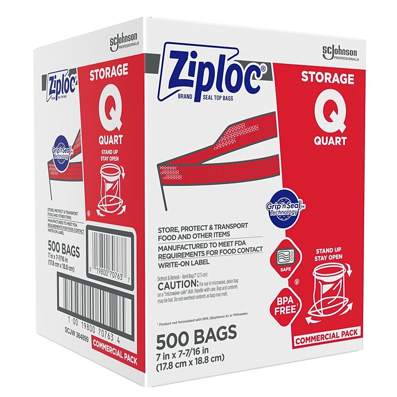 Ziploc Double Zipper Storage Bags, Quart, 500 Bags/Carton (682256) image 1