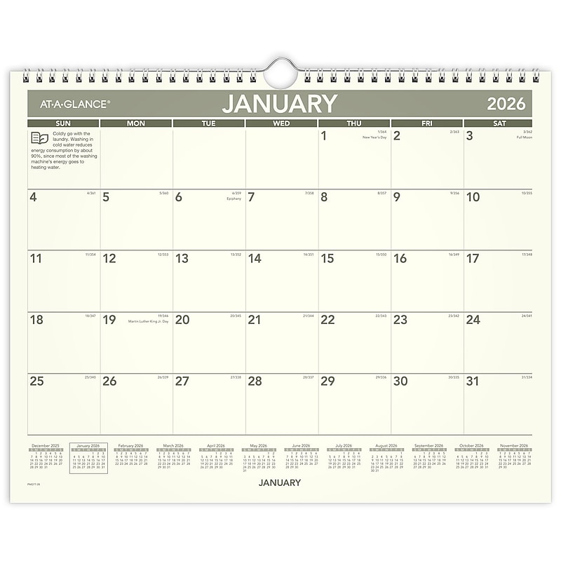 2026 AT-A-GLANCE Recycled 15" x 12" Monthly Wall Calendar, Green/Black (PMG77-28-26) image 1