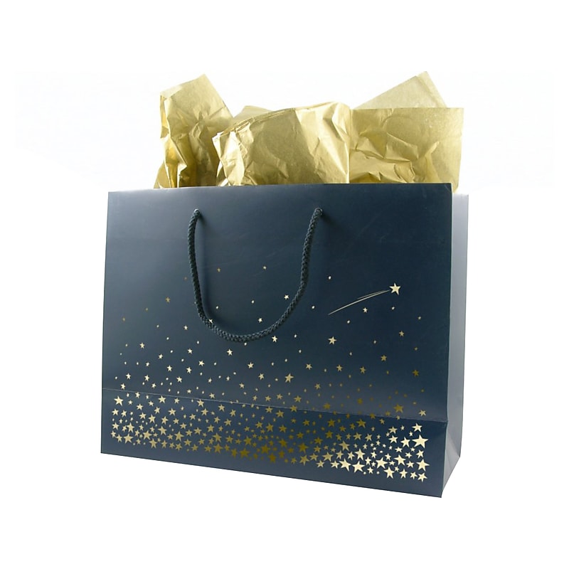 Baudville Stars Gift Bag, 10" x 13" x 5", Navy/Gold, 5/Pack (1391247P531) image 1