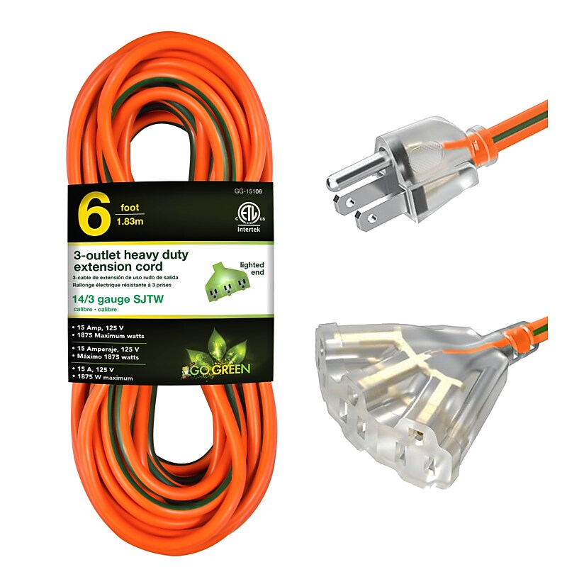 GoGreen Power Heavy Duty Extension Cord, Lighted End, Orange (GG-15106) image 1
