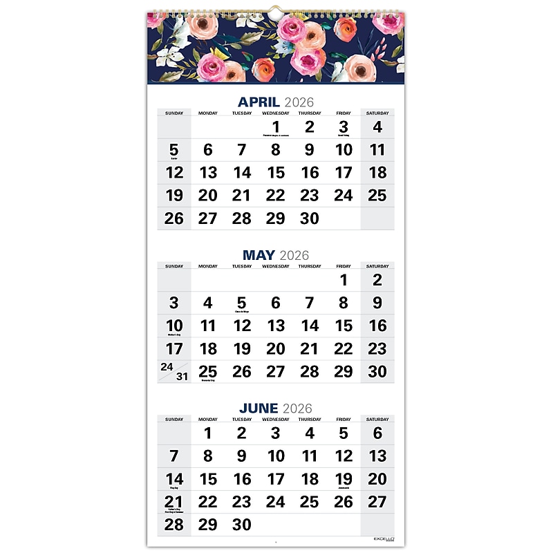 2026-2027 Excello Brands Large Print 13" x 27" Academic Monthly Wall Calendar, Navy Floral (WC-AY26-1327-84) image 1