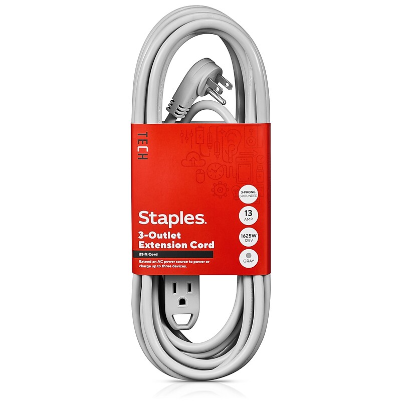 Staples TECH 25' Extension Cord, 3-Outlet, 16 AWG, Gray, 2/Pack (ST62346) image 1