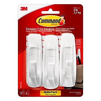 Command Large Utility Hook, White, 3-Command Hooks, 3 Pairs, 6-Command Strips (17003-3ES)