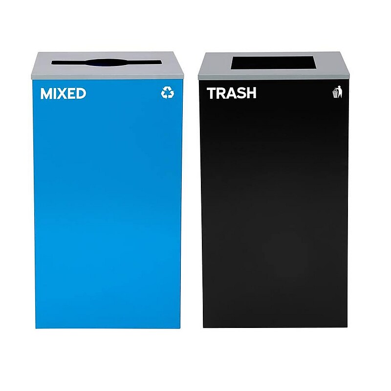 Alpine Industries Steel Recycling and Trash Can Set with Square and Mixed Lid, 29 Gallon, Blue/Black, 2/Pack (ALP4450-BLK-KIT3) image 1