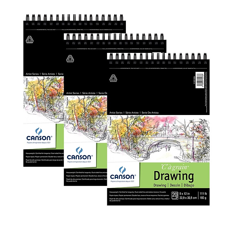 Canson Artist Series C à Grain 9" x 12" Wire Bound Drawing Sketch Pad, 20 Sheets/Pad, 3/Bundle (MCXC100510886-3) image 1
