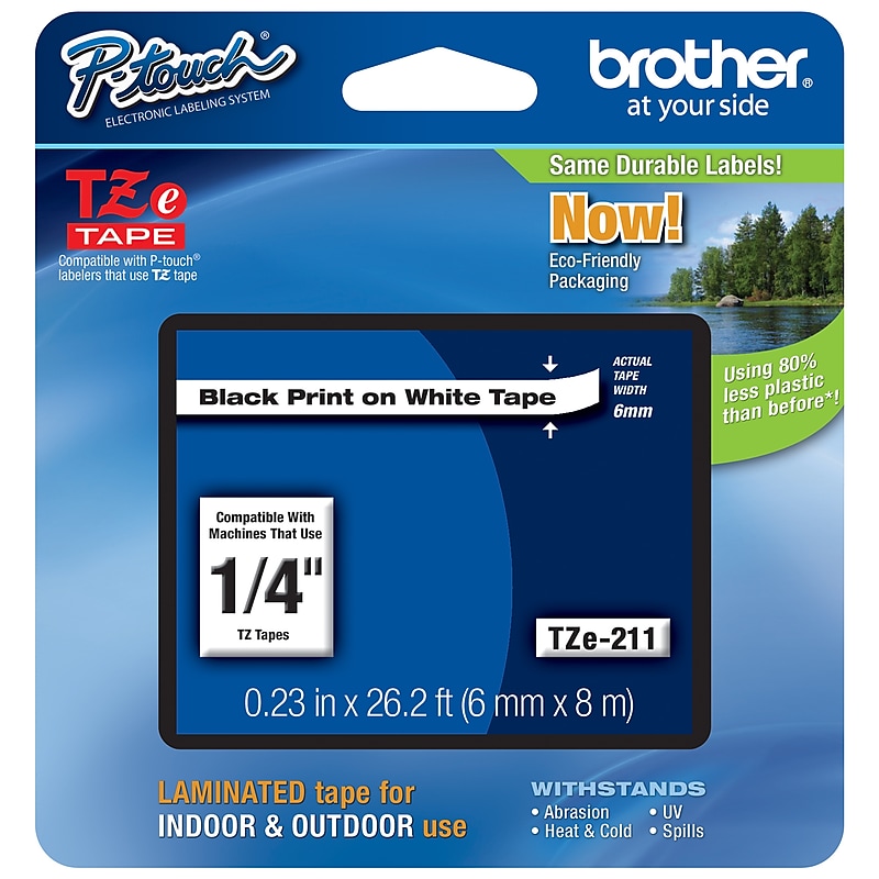 Brother P-touch TZe-211 Laminated Label Maker Tape, 1/4" x 26-2/10', Black On White (TZe-211) image 1