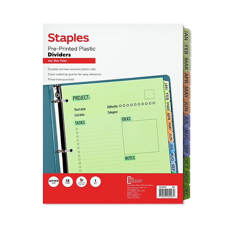 Staples Pre-Printed Monthly Plastic Dividers, Multicolor, 12-Tabs (ST63071) image 1
